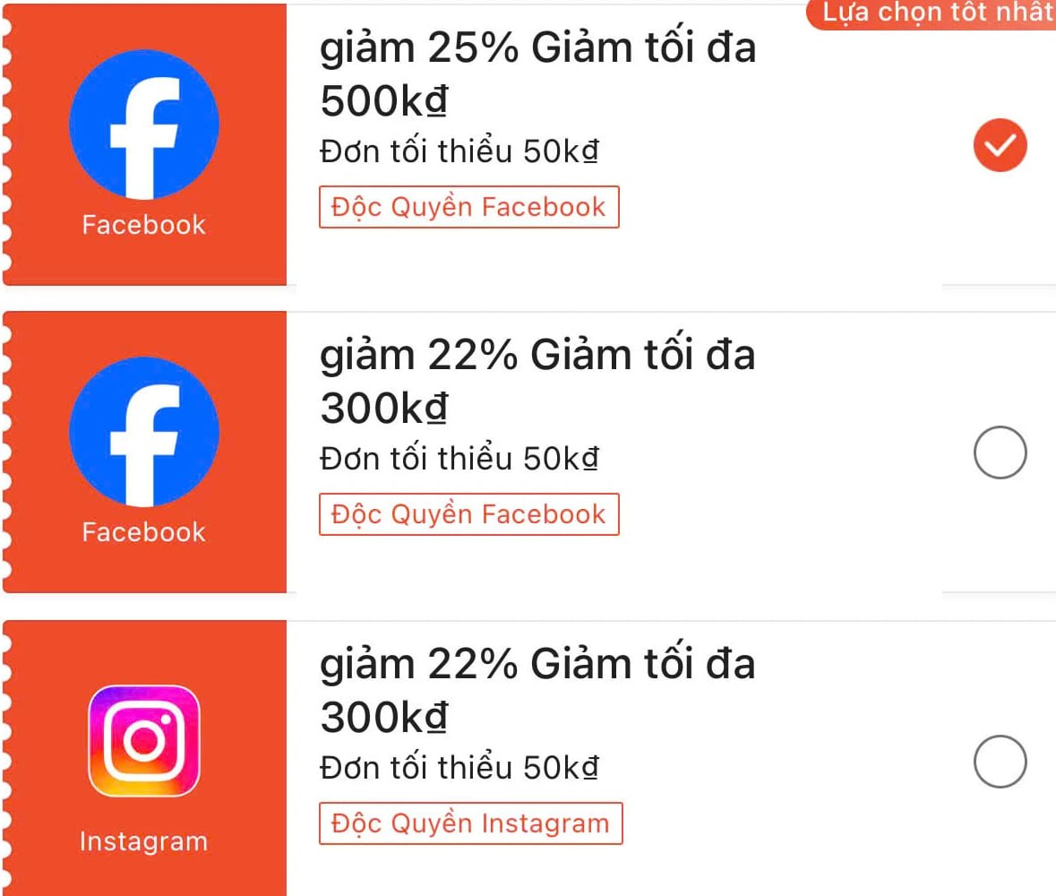 Ví dụ voucher độc quyền Facebook và Instagram trên Shopee