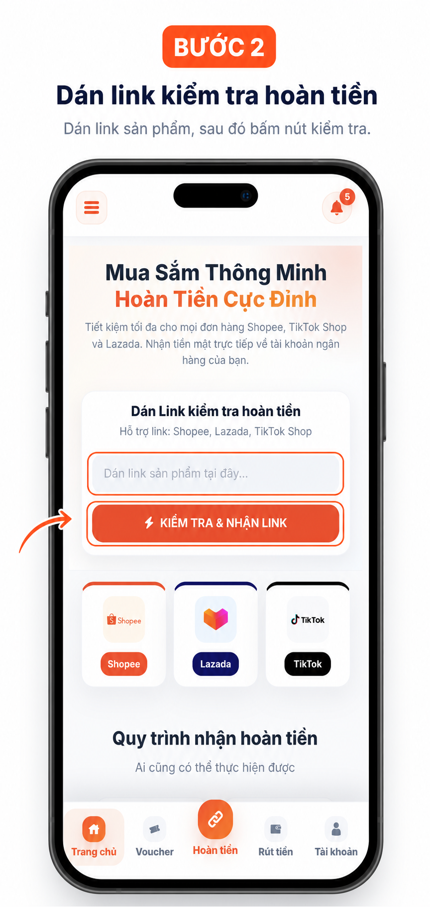 Bước 2: Dán link và kiểm tra hoàn tiền